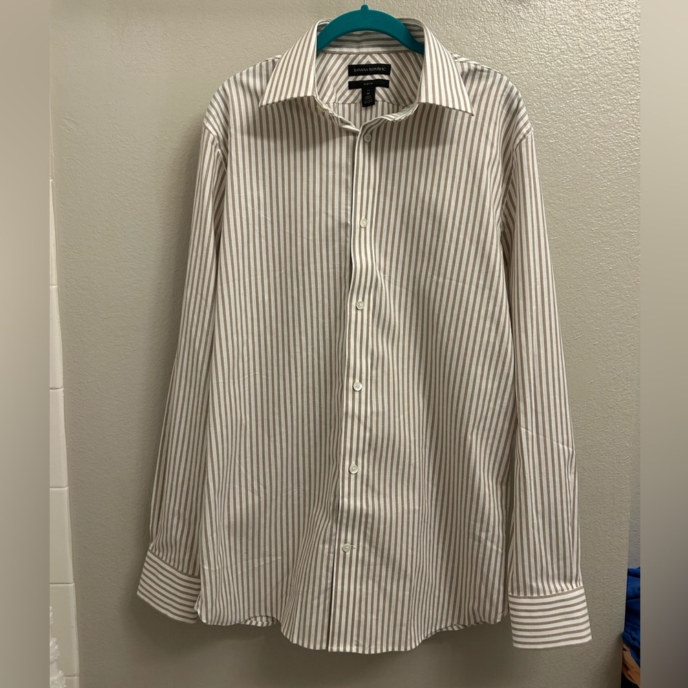 NWT Banana Republic Cay Oxford Dress Shirt TALL tan and white stripes